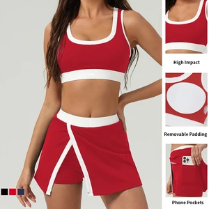 Custom Women Soft Contrast Sports Bra Outfit Gym Wear High Waisted Fitness Shorts Yoga Skirts Sets