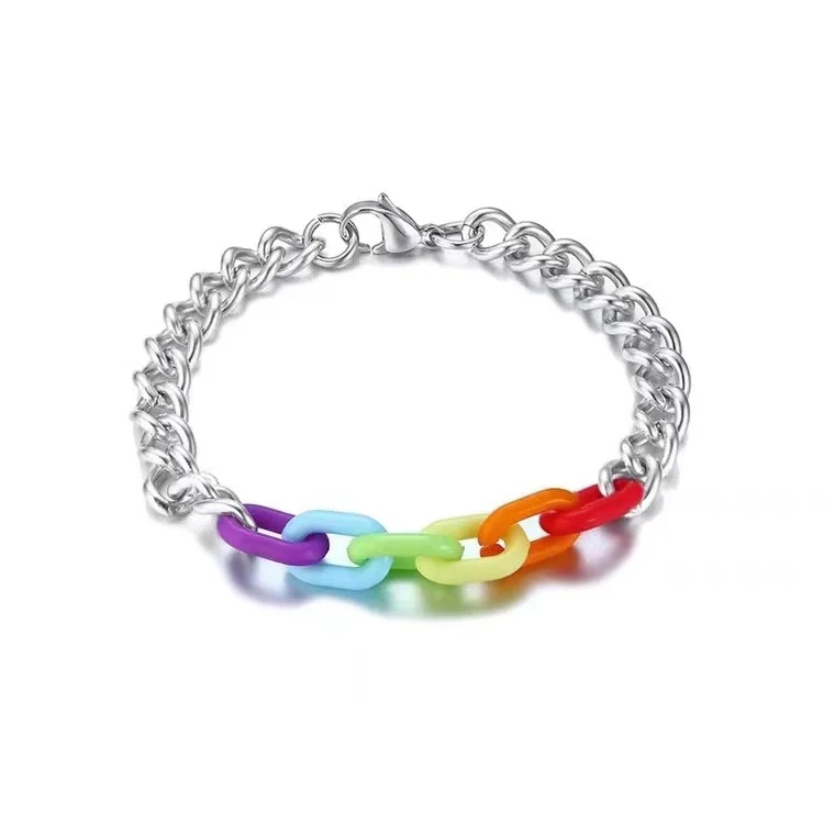 Popular LGBT Pride Rainbow Pin Acrylic Link Chain Hollow Stainless Steel Bracelet for Women Men