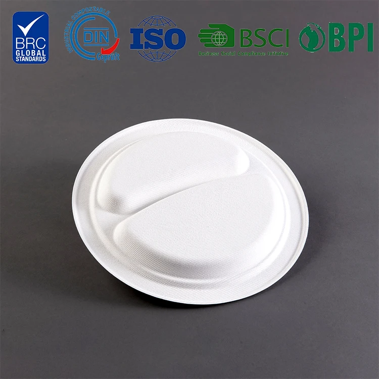 Customized Two-Compartment Bagasse Plates Friendly Food Divided Plates Party Supplies 100% Compostable Sugarcane Plates