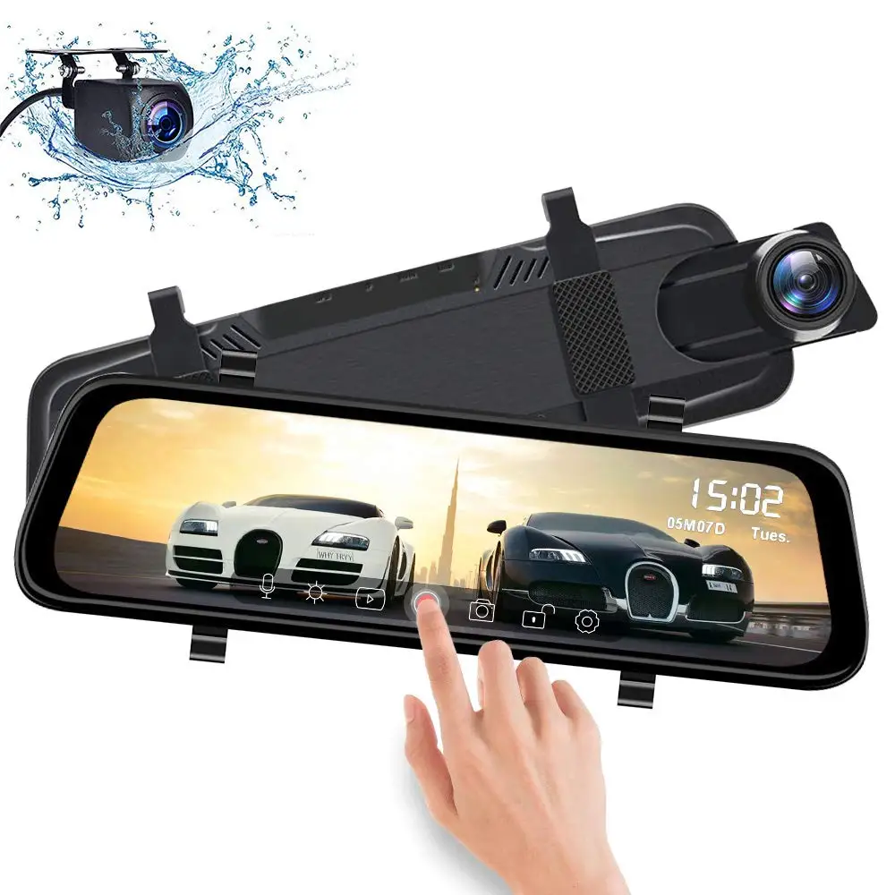 Backup Camera Stream Media 1080P 170° Front and 1080P 150° Wide Angle Full HD Rear View Camera, Free 32GB SD Card 10 Inch Mirror Dash Cam for Cars Full Touch Screen 