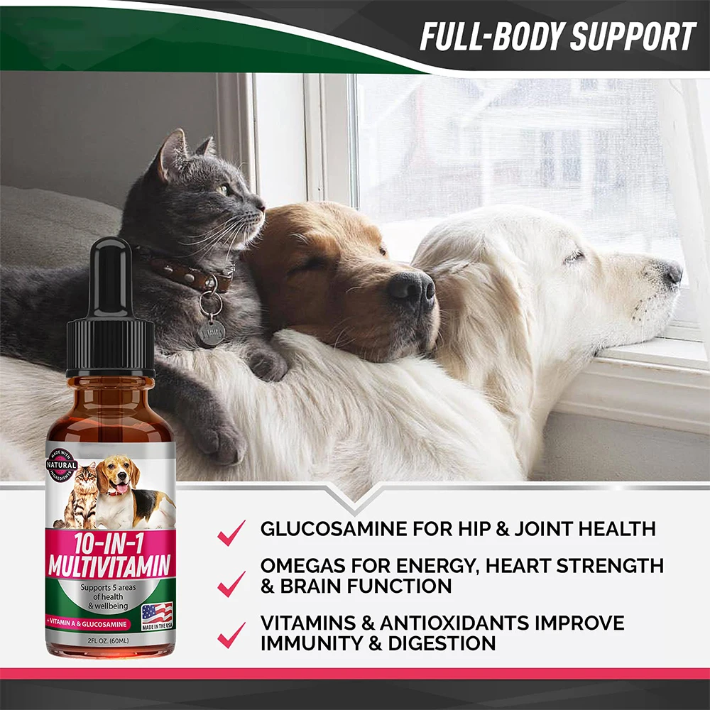 10-in-1 Pet Vitamins Natural Glucosamine Liquid Drops For Dogs Cats ...