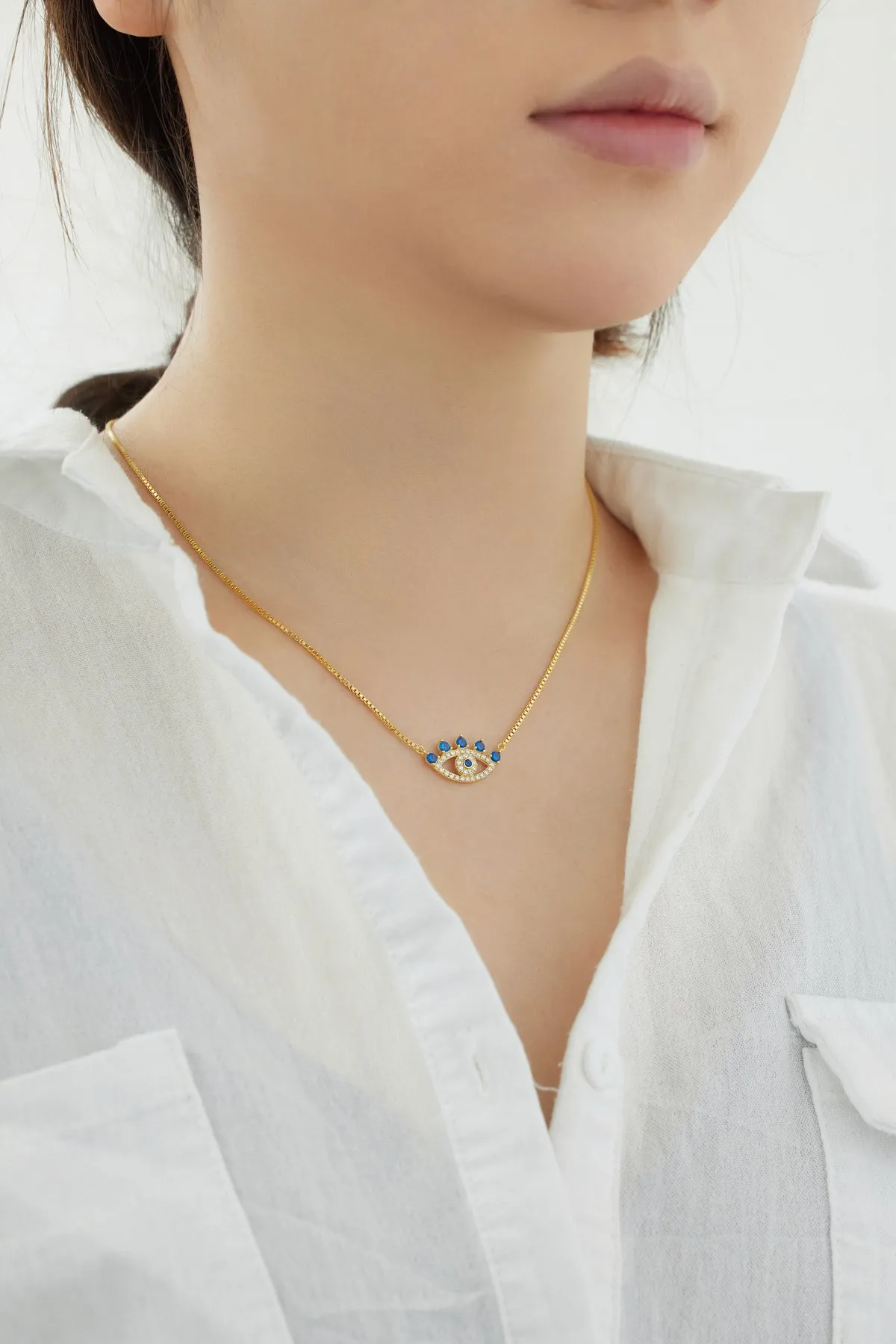 KAKODIY High Quality Cubic Zirconia Necklace 925 Sterling Silver Chain Goog Luck Blue Evil Eyes Pendant Necklace for Women detail 2