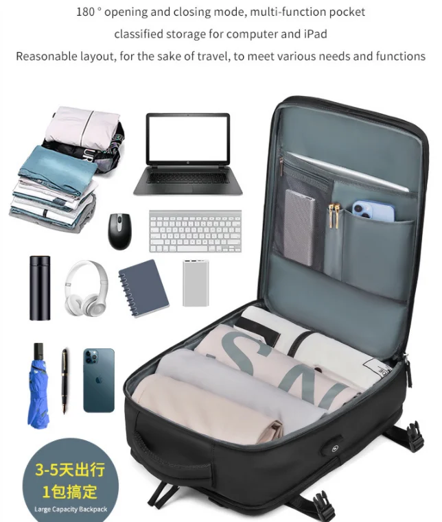 Factory Custom High Quality Extendable Laptop Backpack Business Travel Bag for Men RFID USB Waterproof Features Geometric Open