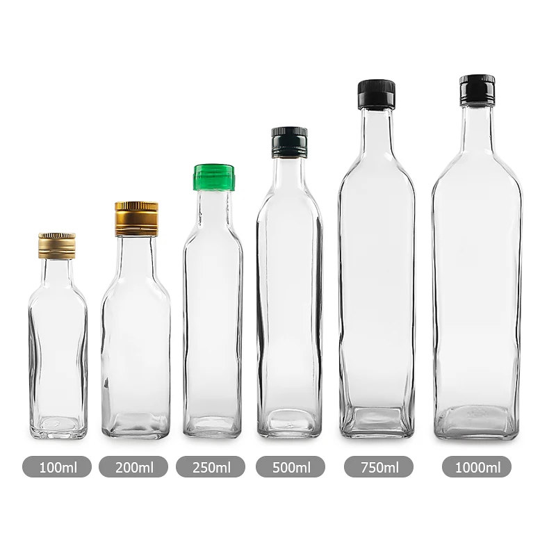 100ml-1000ml Square Clear Glass Olive Oil Bottle with Aluminum Caps or Plastic Cap