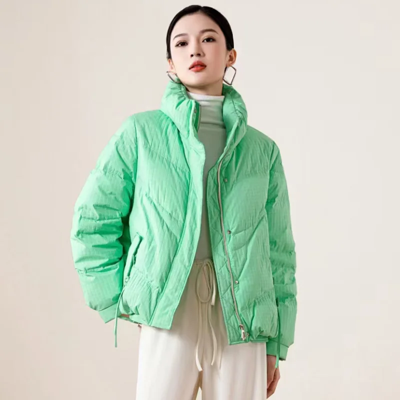 Warm Fashion Waterproof Women's Puffer Down Coat Sloping Pocket Simple Standing Collar Without Hat Long Down Jacket for Ladies