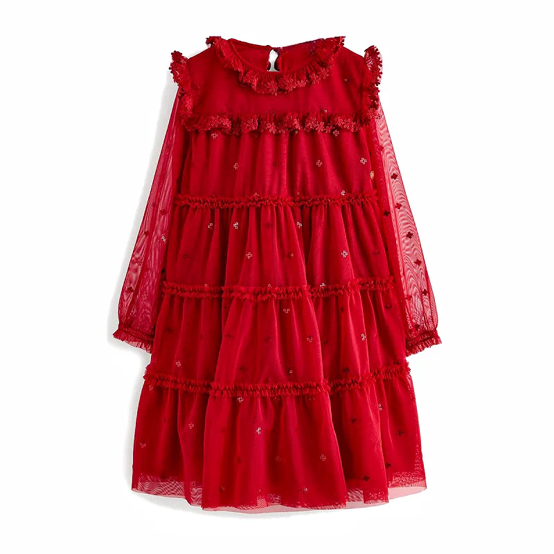 Solid Long Sleeved Tulle Dress for Kids Embellished 6-14 Years Old Woolen  First Communion Holiday Party Dress Tiered Mesh Design
