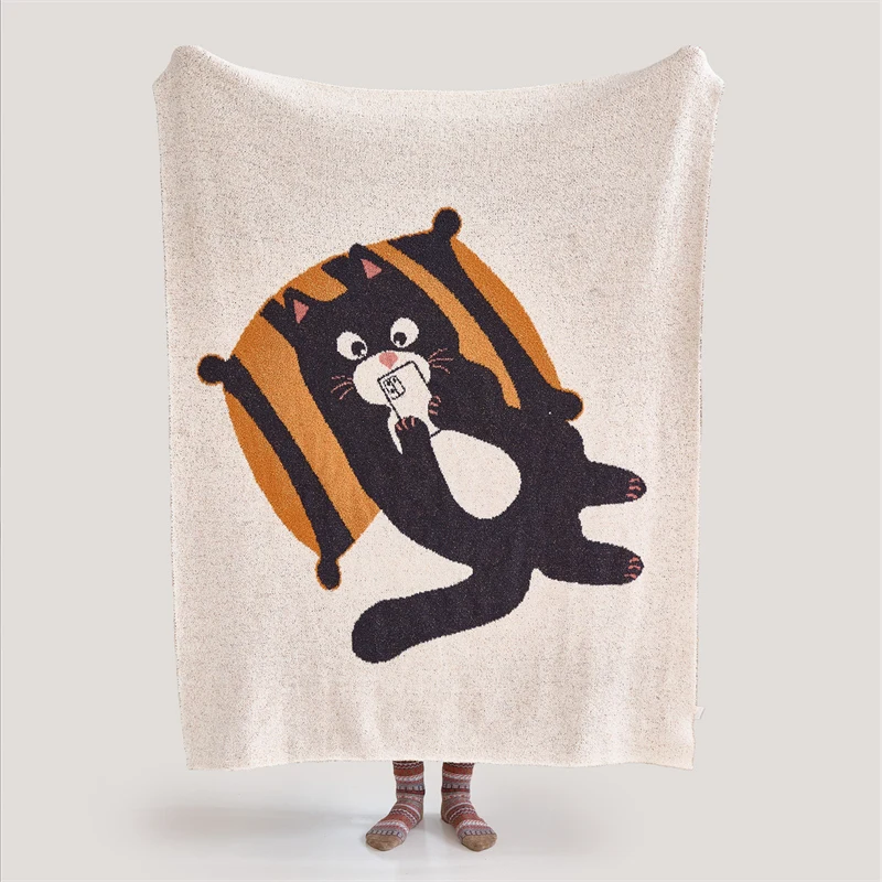 Accept Custom 100%Polyester Cute Cat Jacquard Knitted Throw Blanket For Home Decoration Gift  Microfiber Blanket OEKO-TEX  LGL