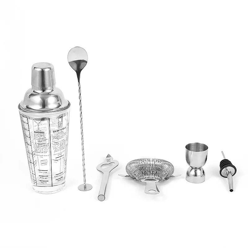 6 Pieces Customize 450ML Stainless Steel and Glass Bar Tool Cocktail Shaker Set