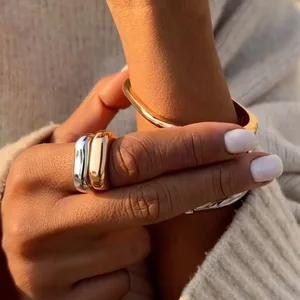 MW Women's Simple & Stylish 18K Gold-Plated Stainless Steel Ring - Oval Shiny Surface, Elegant Engagement Couple Bands