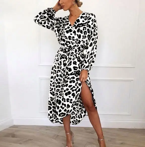 Оптовая продажа, лидер продаж, Повседневное платье с леопардовым принтом и V-образным вырезом, с завышенной талией, женская одежда