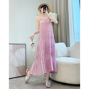 Miyake 2026 Summer Casual Green Chiffon Dress Loose Slimming Pleated Natural New Seaside Vacation Strap Design Large Size