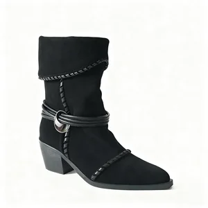 Trendy Women's Black Suede Classic Fashion Ankle Boots Pointed Braided Leather Straps Barefoot Design Autumn Height Increasing