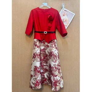 Factory Wholesale Three-dimensional Midi Dress Women Half Sleeve Spring Summer Stitching Belt Empire WaistJacquard Printed