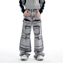 Custom Cargos Acid Wash Jeans Men Wide Leg Vintage Cargo Pants Loose Pockets Cotton Fade Unisex Men Baggy Men's Jeans