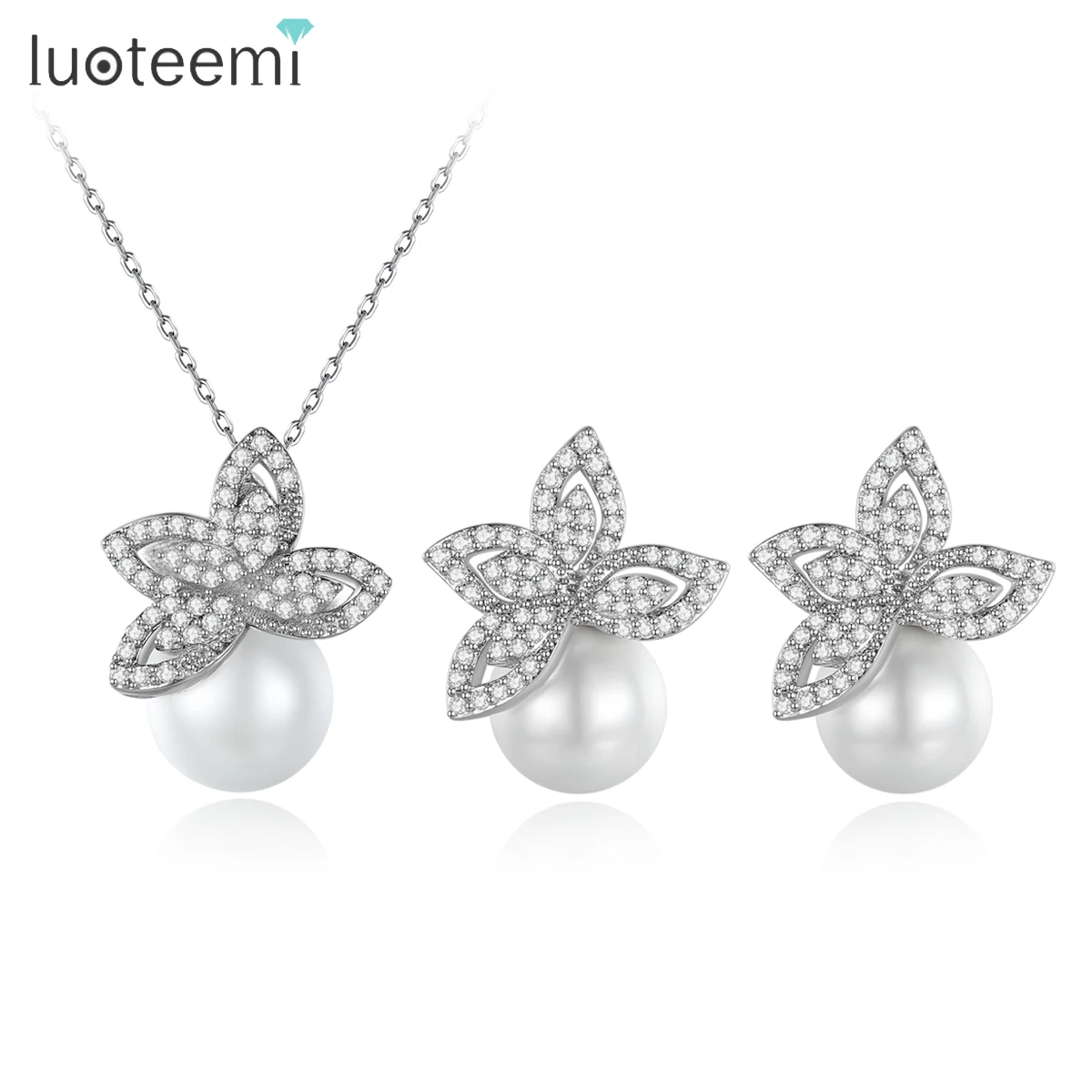 LUOTEEMI Fashion Iced Out Pendant Necklace Earring Cubic Zirconia For Party Glass Pearl Set Jewelry