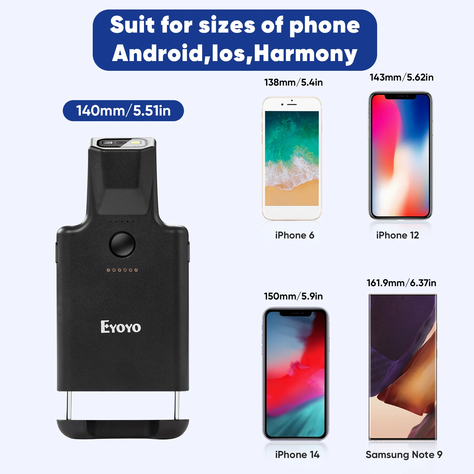 Scanner Codes-Barres 2D Bluetooth Eyoyo - Clip Arrière Smartphone, PDF417, QR, DataMatrix Portable