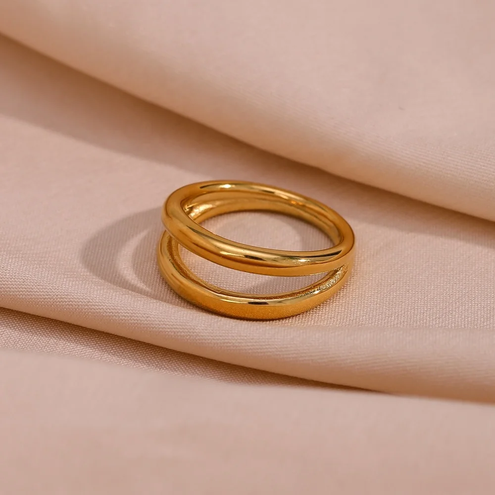 Minimalist Double Layer 18k Gold Plated Stainless Steel Rings Women