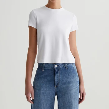 OEM/ODM Women's Cropped Crewneck Tee - 90s Vintage Style, Soft Cotton-Blend, True White Short Sleeve, Comfortable Everyday Wear