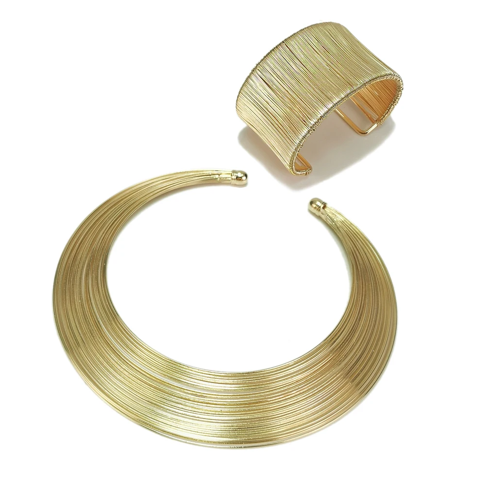 Fashion Multi Layered Metal Wire Torques Choker Necklaces Bracelet Sets for Women Indian Jewelry Set Dress Gift Bridal Accessory