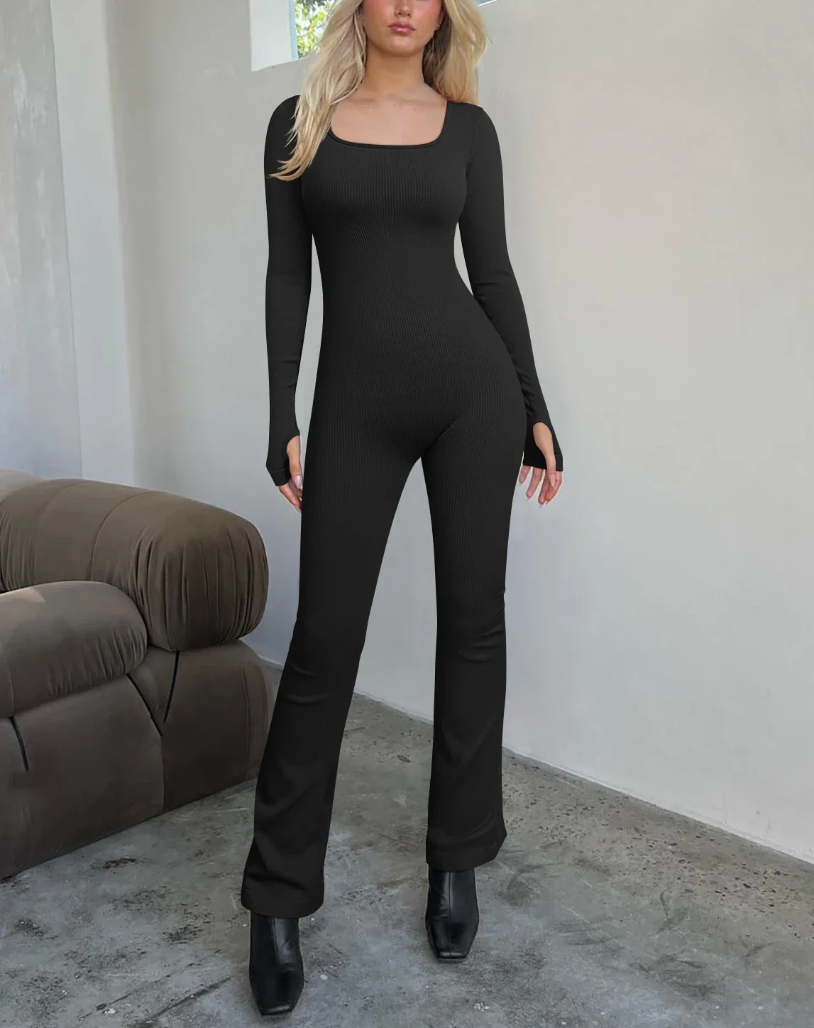 Women Yoga Jumpsuits Seamless Ribbed Exercise Long Sleeve Tops Bell ...