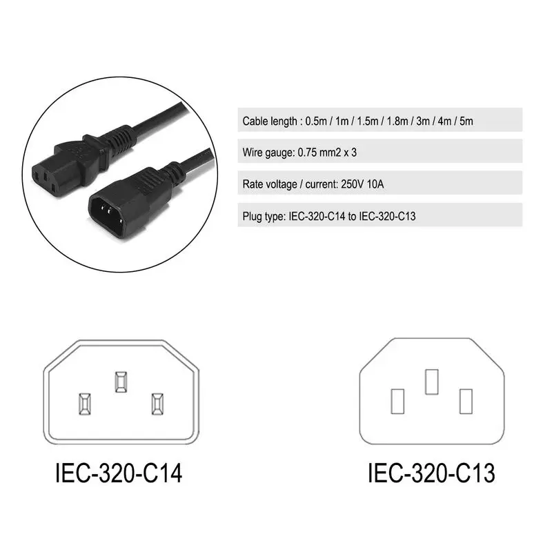 Male to Female AC Power Cable C13 to C14 Power Extension Cord 3ft 6ft IEC C14 to IEC C13 PDU Power Cord 10A 18AWG Black