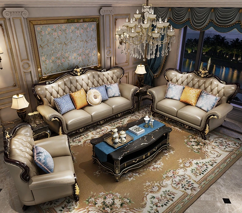 European-style Leather Living Room Sofa Combination Solid Wood Carved ...