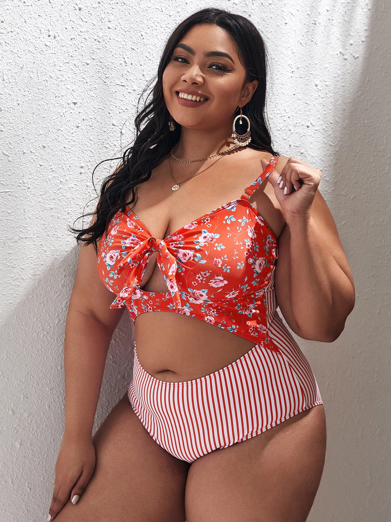 2022 new summer swimsuit women's one-piece printed bow Bikini Large fat woman fat m200 kg swimsuit