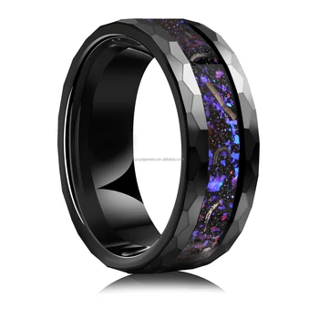 POYA  Romantic Tungsten Ring with Blue Galaxy Foil Iron Chips Inlay Black Wedding Engagement Anniversary Gift