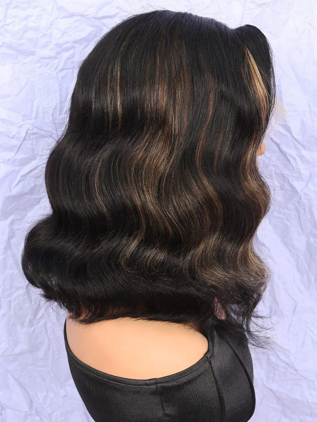 Hochdichte, gemischte Farben, Bob-Perücke mit gewelltem Echthaar, 13 x 5 x 1 Zoll, T-Teil, transparente Spitze vorne, vorgezupft für Frauen_voghion.com