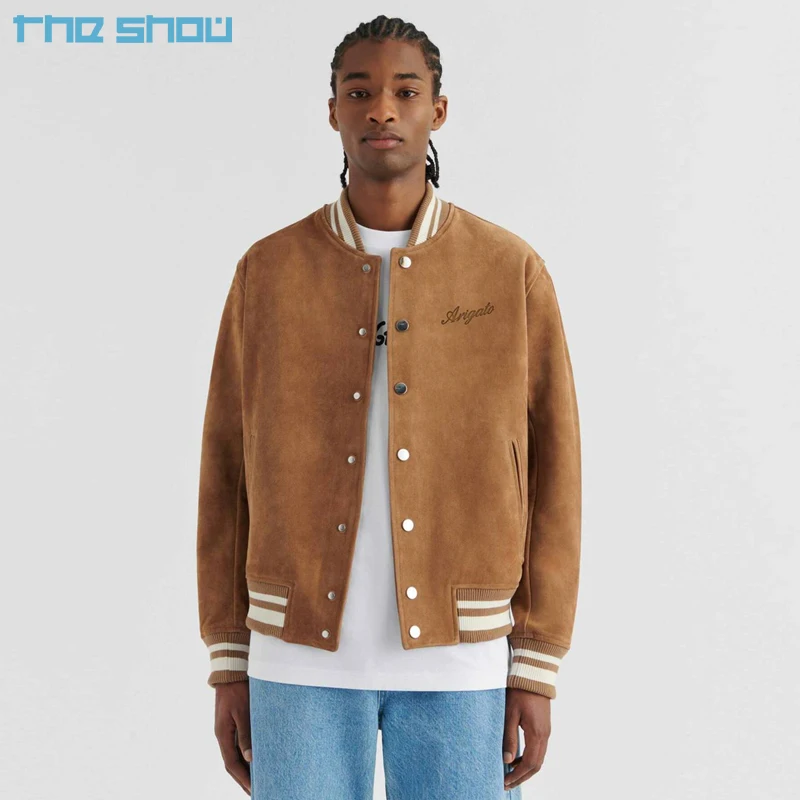 Men's Suede Bomber Jacket Thick Fleece Varsity Style Winter Coat_voghion.com