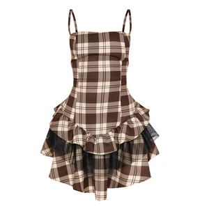 Wholesale  Women Petite Brown Check Strappy Mini Dress Backless Spaghetti Shoulder Strap Plaid Party Dress