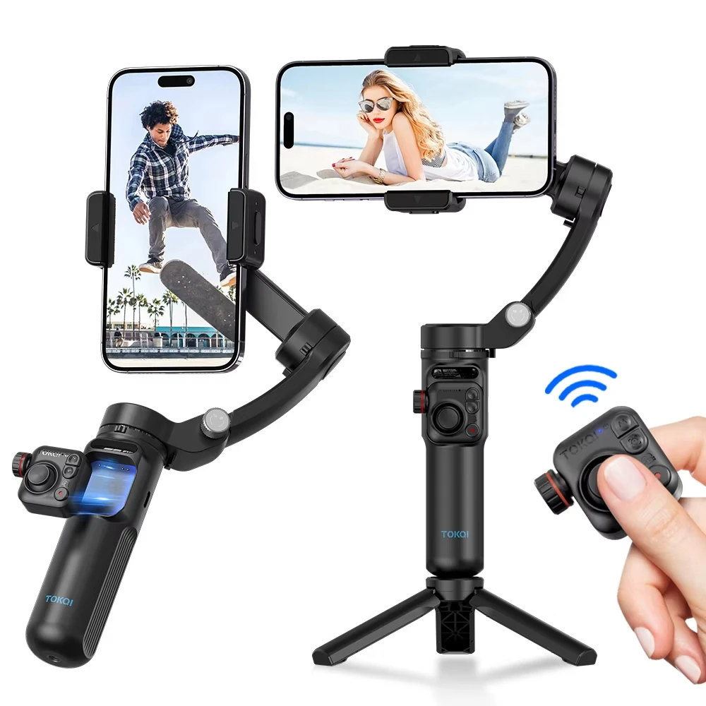 Tokqi M02 360 AI Tracking Handheld Smartphone Gimbal Black Mobile Phone Stabilizer with Remote Control Zoom Camera