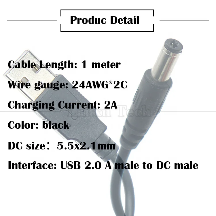 USB A Male to 5.5mm x 2.1mm DC Plug Power Cable – 28AWG