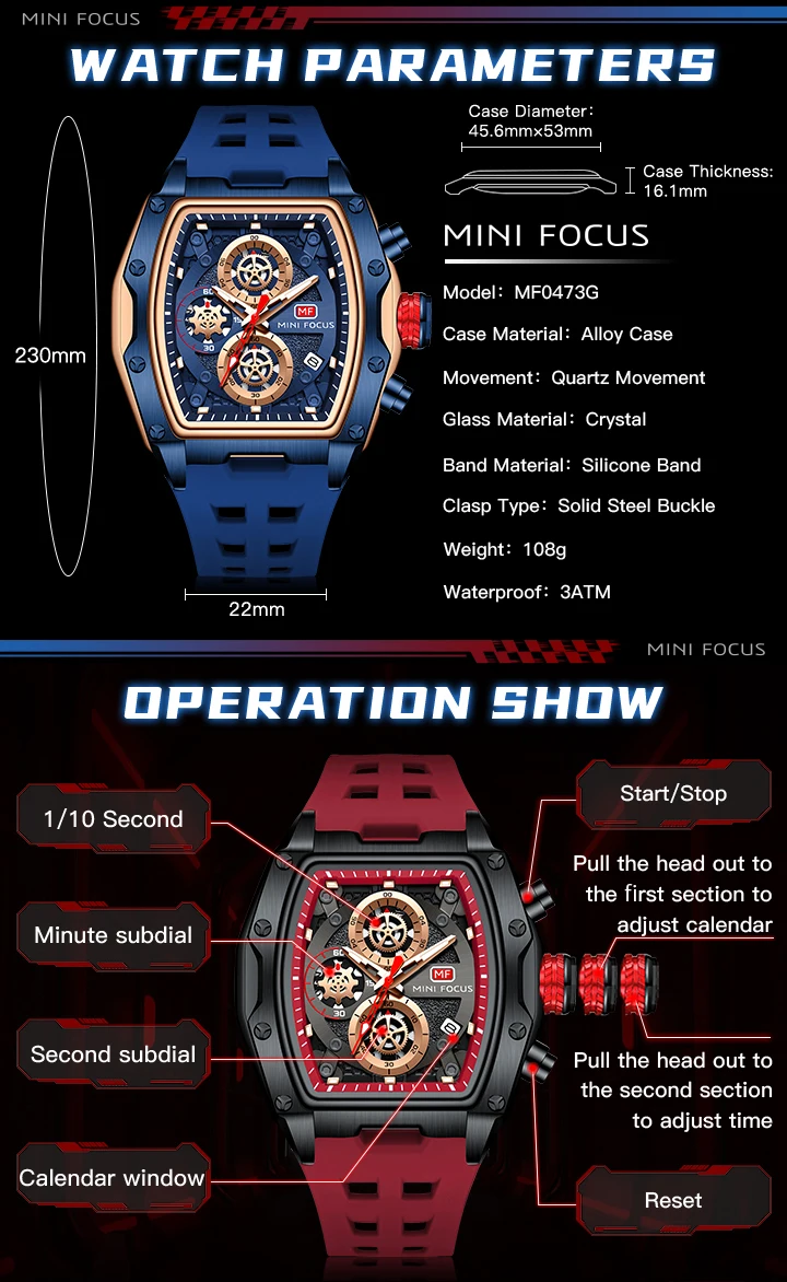 MINI FOCUS 0473 Fashion Men Silicone Waterproof Quartz Watch Multi-function Chronograph Men's Luminous Calendar Wristwatches