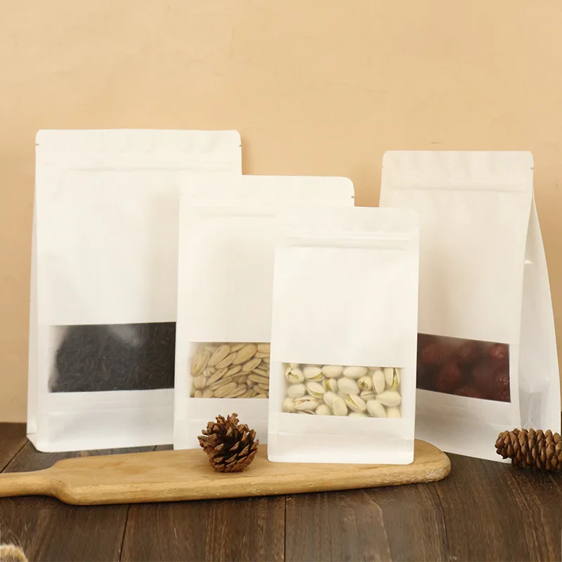 Wholesale Printing Logo Custom Pouch  White Stand up Food Kraft Paper Bag With Window Sealing Bags