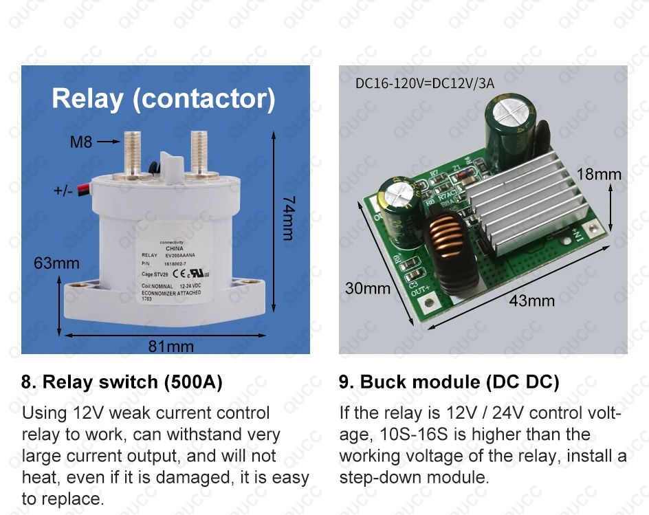 Qucc 10s16s Smart Bms Liion Lifepo4 High Voltage Dc Relay 500a 36v