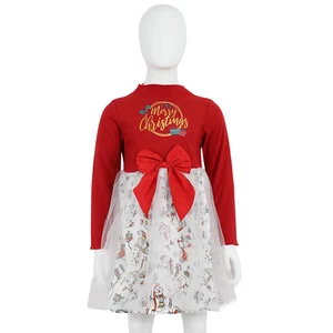 Customizable Autumn Winter New Girls Party Clothing Christmas Warm Velvet Long Sleeve Mesh Stitching Girls Dress