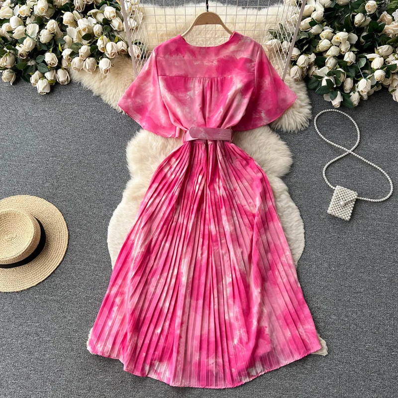 Shop Wholesale 2023 Spring Summer V-Neck Print Pleat Dress