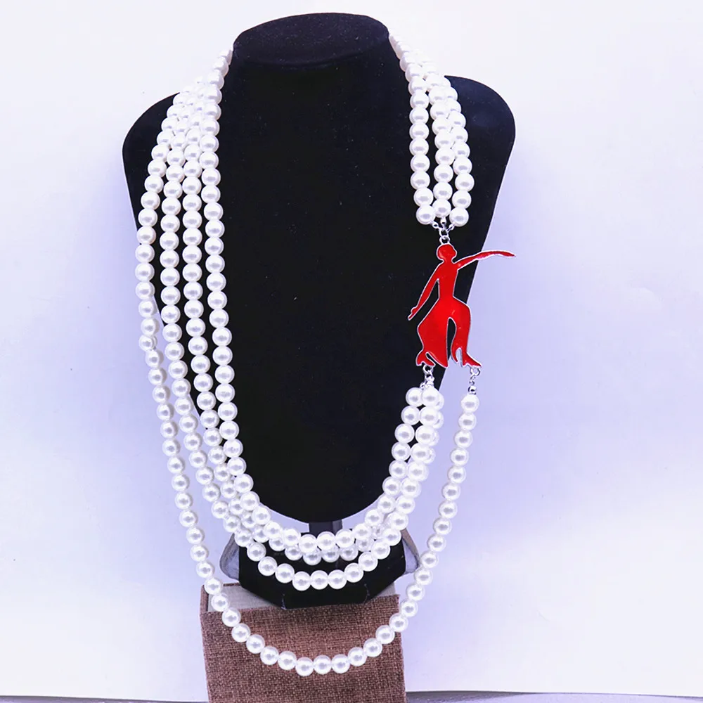 Inspired Designer Jewelry Multi Layered Pearl Enamel Red Fortitude Dance Lady Charms Greek Delta Sorority Necklace Women