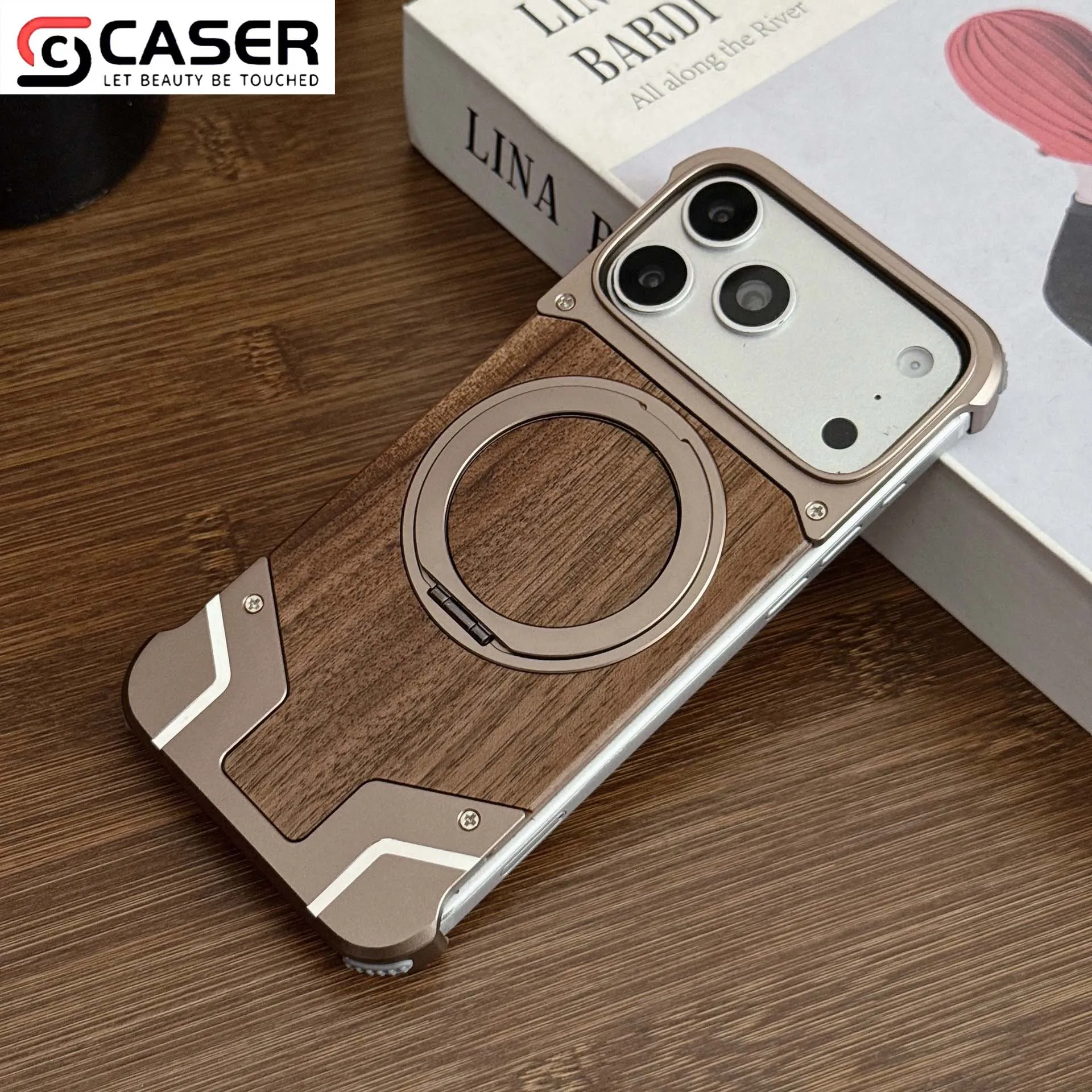 Magnetic Ring Phone Case With Hidden Kickstand Natural Walnut Wood Metal Bezel Anti Drop Cool Mecha Phone Cover for iPhone 13-17