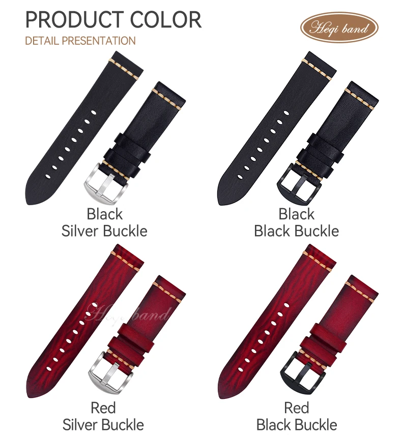 Heqi Vintage Leather Watch Strap Band Luxury 20mm 22mm 26mm Handmade