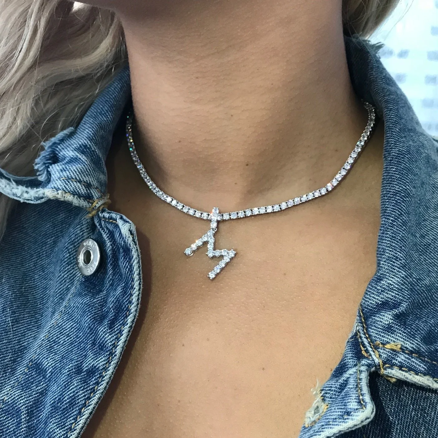 Tennis chain diamond letter necklace discount