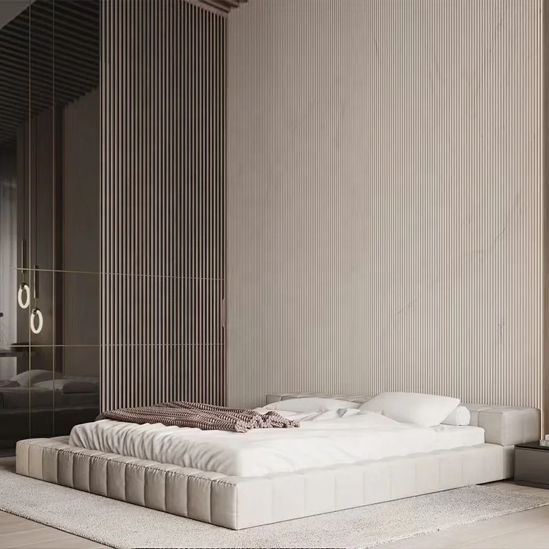Modern Minimal Customization Bedroom Furniture Wooden Frame Fabric Low Bed Head King Size Soft Beds