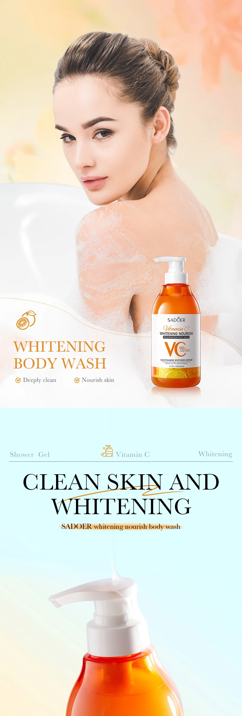 OEM ODM 520ml SADOER Vitamin C Shower Gel wholesale Moisturizing Women Nourishing Whitening VC Body Wash manufacture