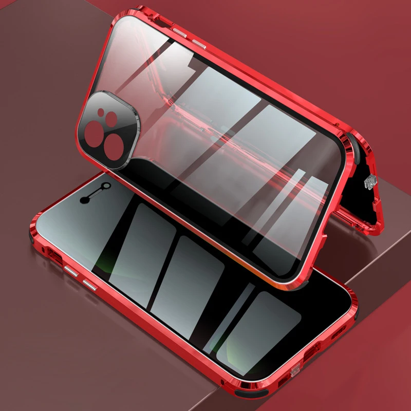 360 Full Protection Privacy Glass Case with Magnetic Metal Bumper and Lens Protection Film for iPhone 15 14 Pro Cell Phone Case