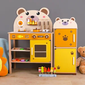 EDULAND Sound Light Simulation Wooden Bear Kitchenware Toy Set MDF Packaged Box Accessories for Home Play Refrigerator for Girls
