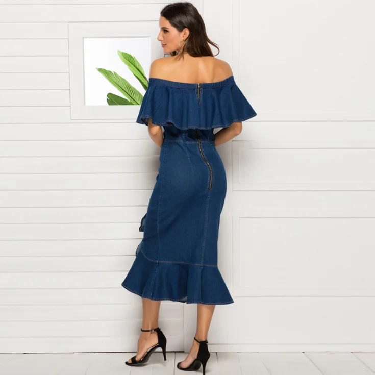 Wholesale 19208 Sexy Denim Off Shoulder Dress Women Summer Midi