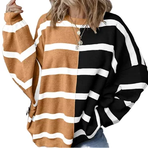 Women's Autumn Casual Hand Knitted Turtleneck Long Sleeve Striped Ribbed Knit Loose Pullover Sweater with Flowers Front Logo