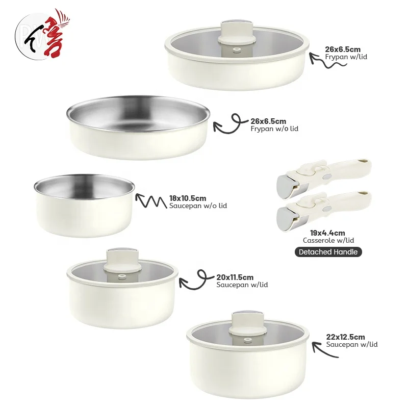 Nonstick Cookware Detachable/Removable Handle 10pcs Kitchen Induction Stainless Steel Pots and Pans Set