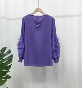 High-quality Women's Fashion Top with a Three-dimensional Floral Design Free-size Stretch Casual Shirt Miyake Pleated Top